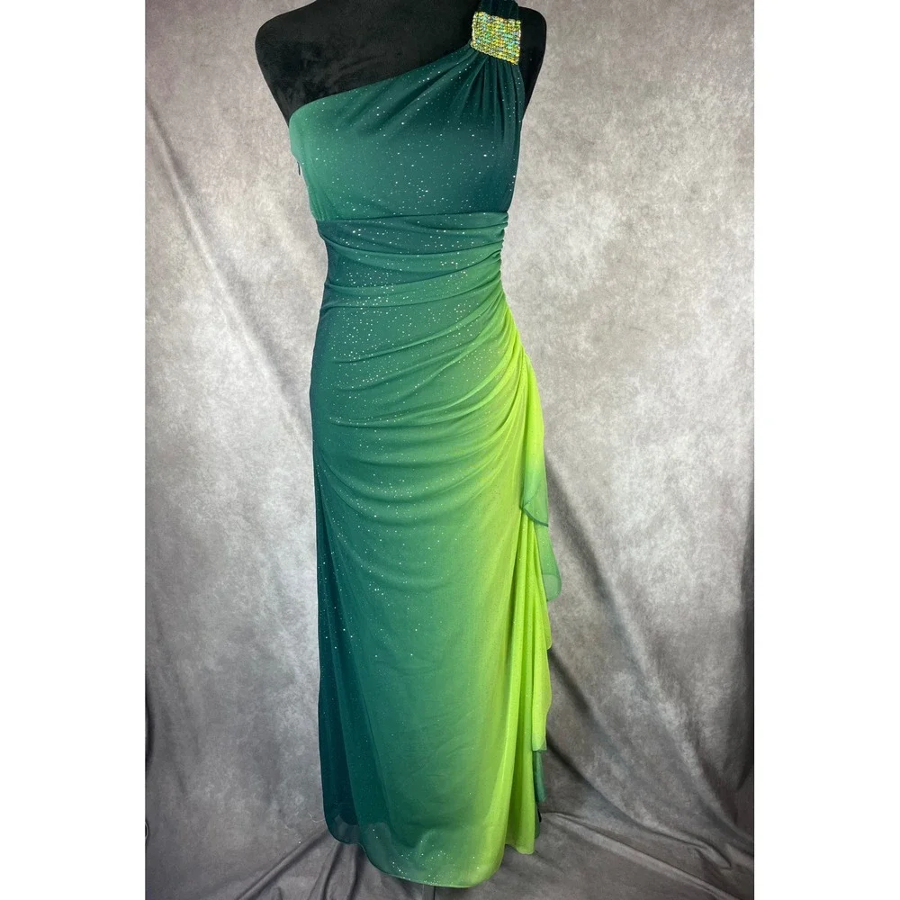 Vtg 90s‎ Y2K Fairy Prom Gown S Green Ombré Overlay Rhinestones Mermaid Dress USA